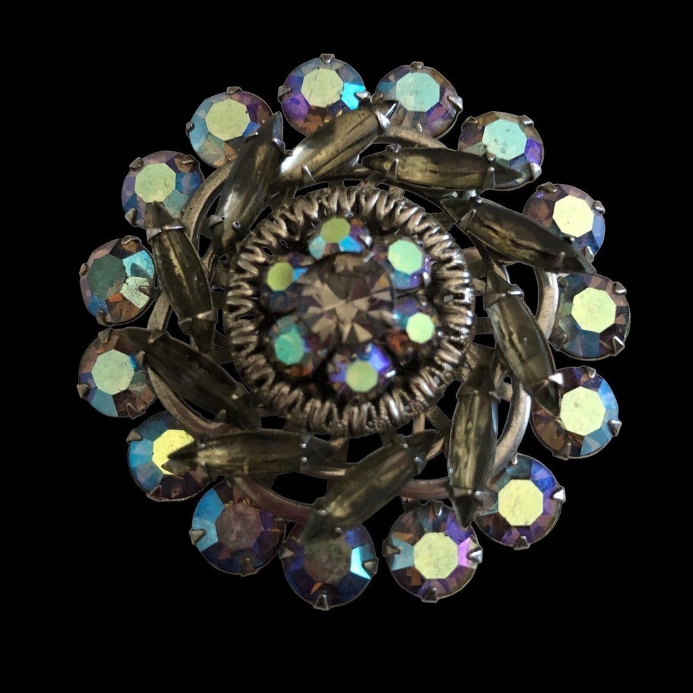 Beautiful Smoky Topaz & Blue AB Rhinestone Brooch Filigree Vintage Jewelry - Picture 3 of 9